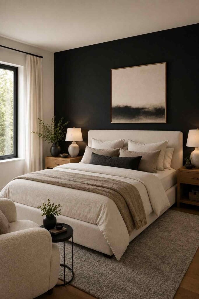 Monochromatic black bedroom with charcoal curtains, gray bedding, layered textures, and warm ambient lighting.

