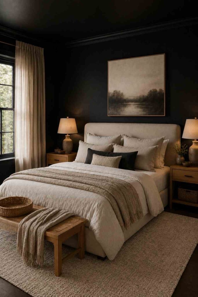  Monochromatic black bedroom with charcoal curtains, gray bedding, layered textures, and warm ambient lighting.
