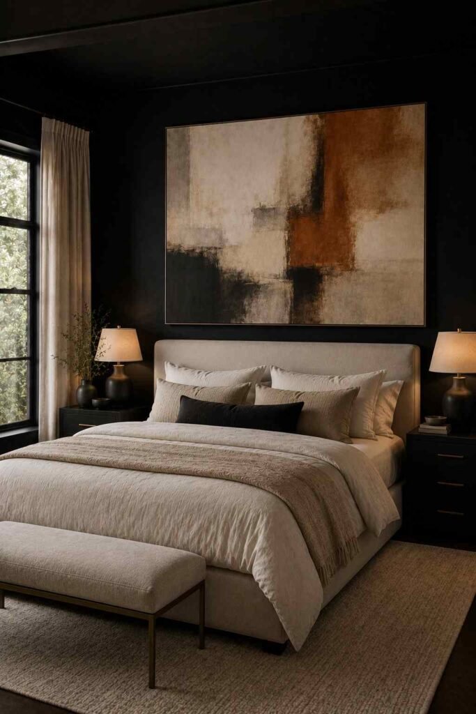  Luxury black bedroom with brass lighting, cream bedding, gold accents, and warm ambient illumination.
