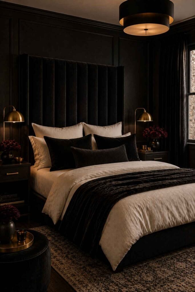 Luxurious black bedroom with a charcoal velvet headboard, cream bedding, brass lamps, and warm layered lighting.
