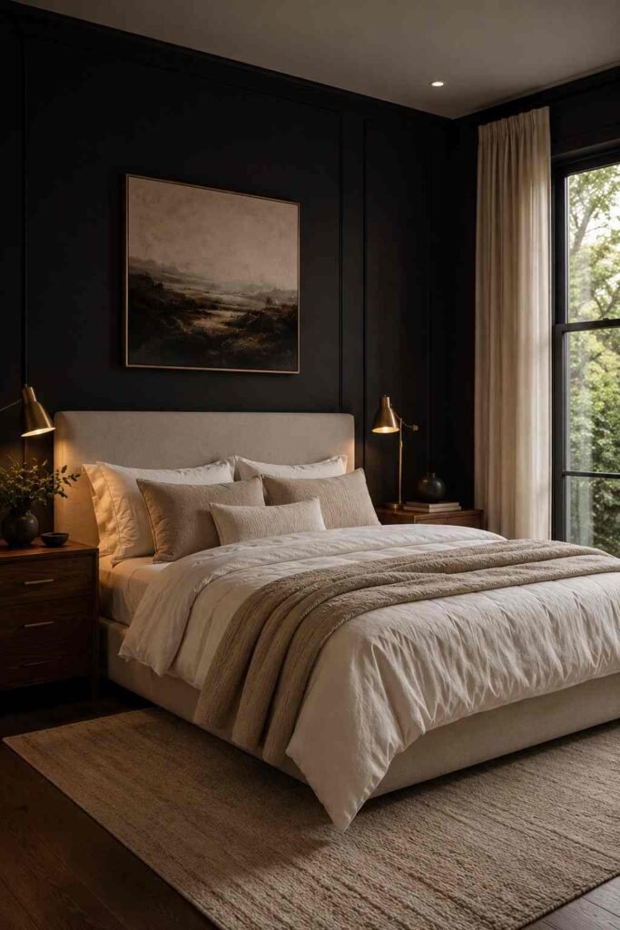 Black bedroom layered with ivory bedding, oatmeal textiles, beige accents, warm wood, and brass lighting.