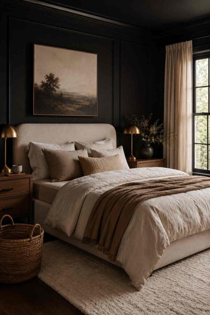 Black bedroom layered with ivory bedding, oatmeal textiles, beige accents, warm wood, and brass lighting.
