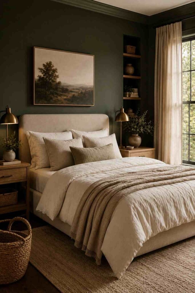 Moody green bedroom with forest green walls, cream bedding, natural wood, botanical accents, and warm lighting.