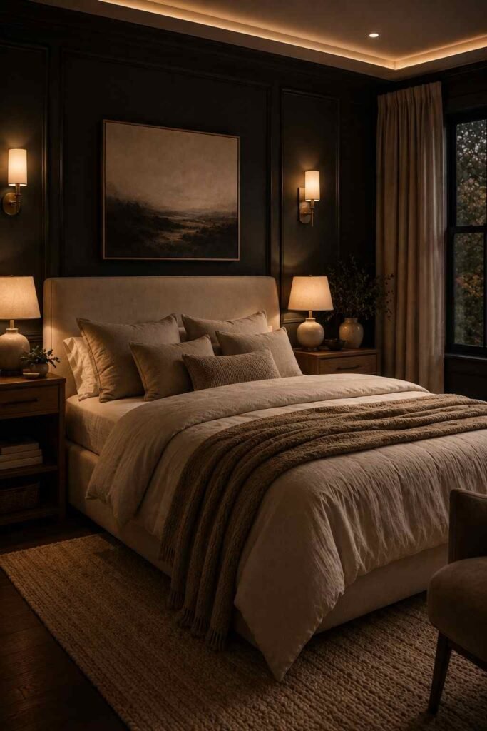 Cozy dark bedroom illuminated by layered warm lighting, bedside lamps, wall sconces, and soft accent lights.