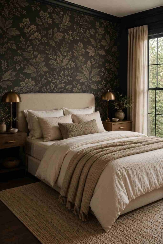 Moody bedroom with charcoal botanical wallpaper, cream bedding, warm wood furniture, and brass accents.