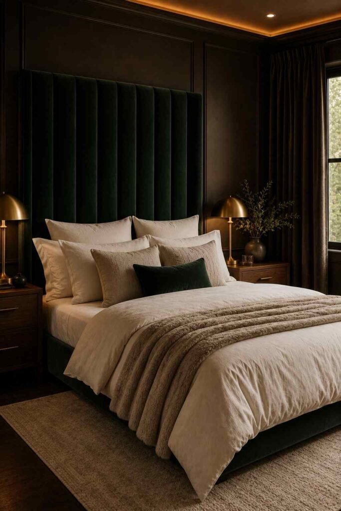 Luxury moody bedroom with an emerald velvet headboard, ivory bedding, walnut furniture, and warm brass lighting.