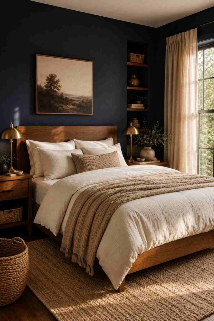 Dark bedroom with charcoal walls, warm walnut furniture, cream bedding, woven accents, and brass lighting.