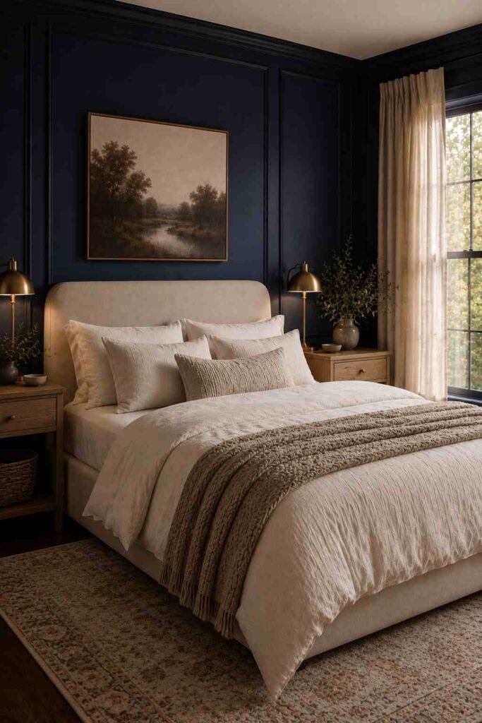 Calming navy bedroom with cream bedding, warm oak furniture, brass accents, and soft layered textures.