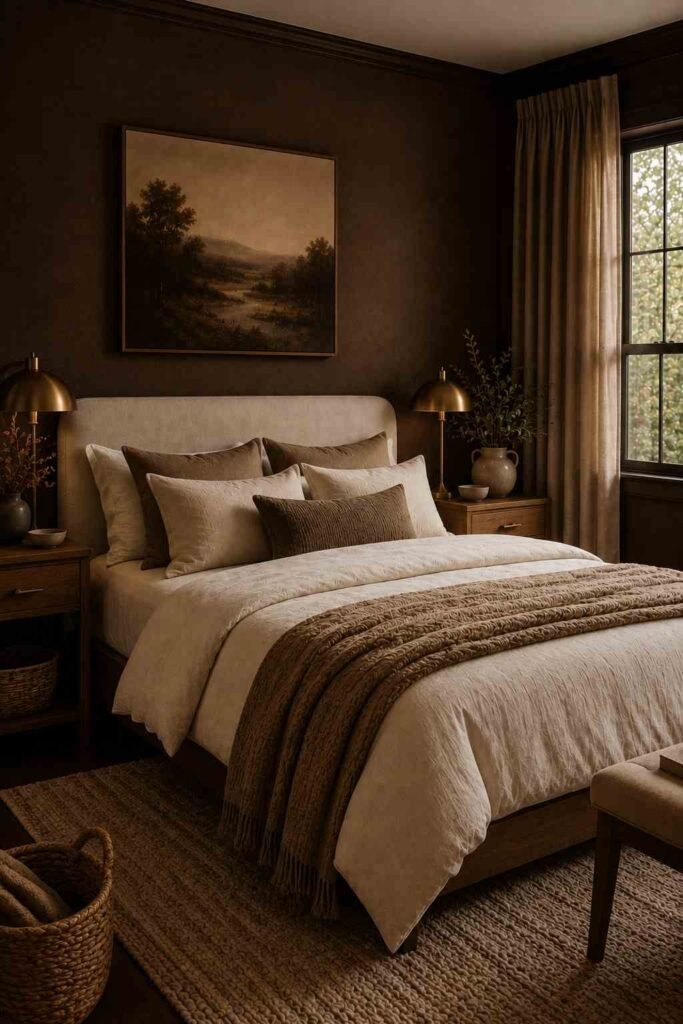 Earthy brown bedroom with cream linen bedding, caramel accents, natural wood, woven textures, and warm lighting.