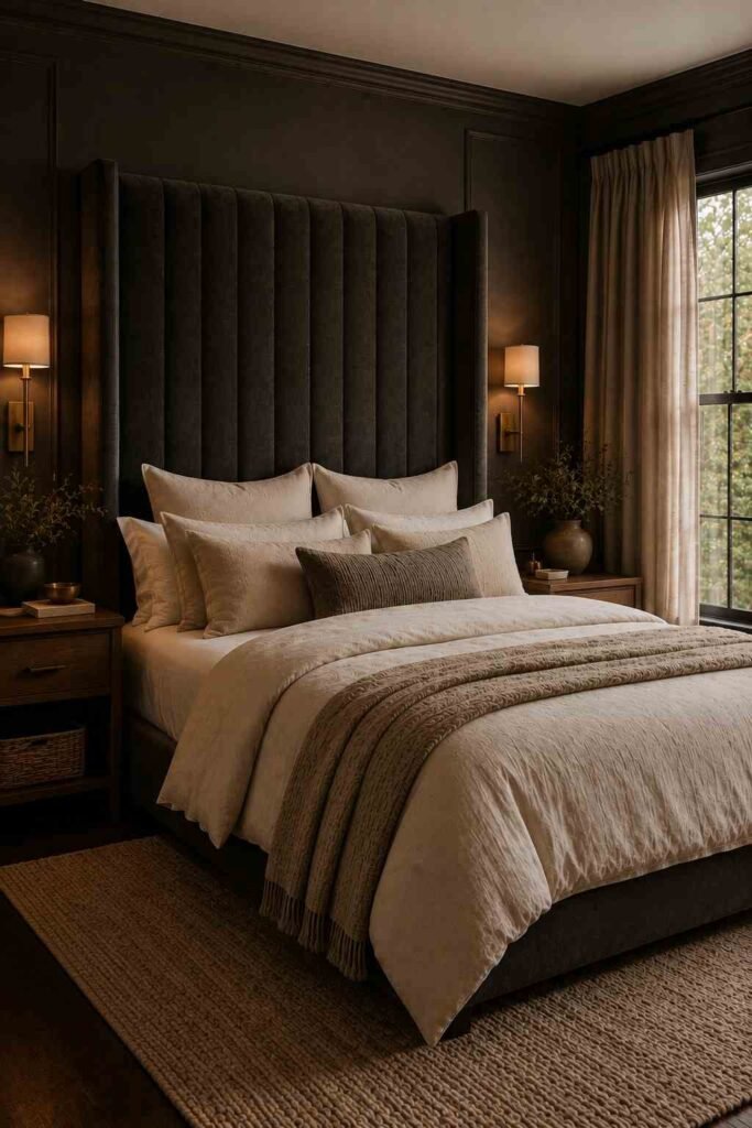 Moody bedroom with an oversized charcoal statement headboard, cream bedding, walnut nightstands, and wall sconces.