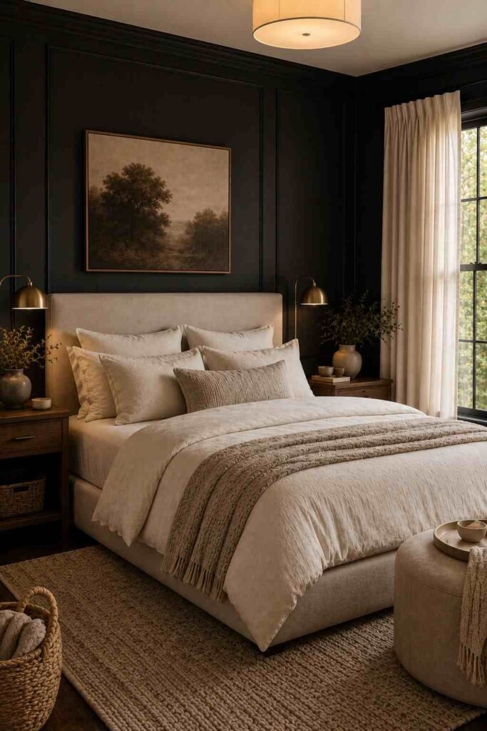 Moody charcoal bedroom balanced with cream bedding, ivory curtains, beige textures, warm wood, and brass accents.