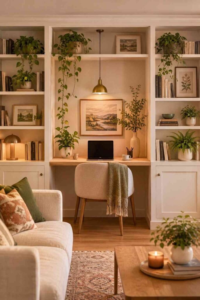 White built-in bookshelf with center desk nook styled with books plants and pendant light in cozy living room