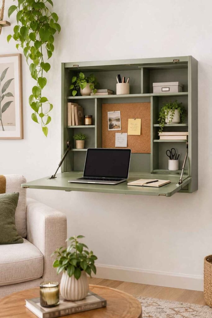 Sage green wall mounted fold down desk open with interior shelves corkboard and laptop in small living room