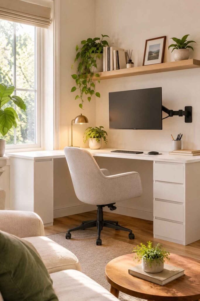 White L-shaped corner desk with floating shelf plant and monitor arm in bright modern living room corner