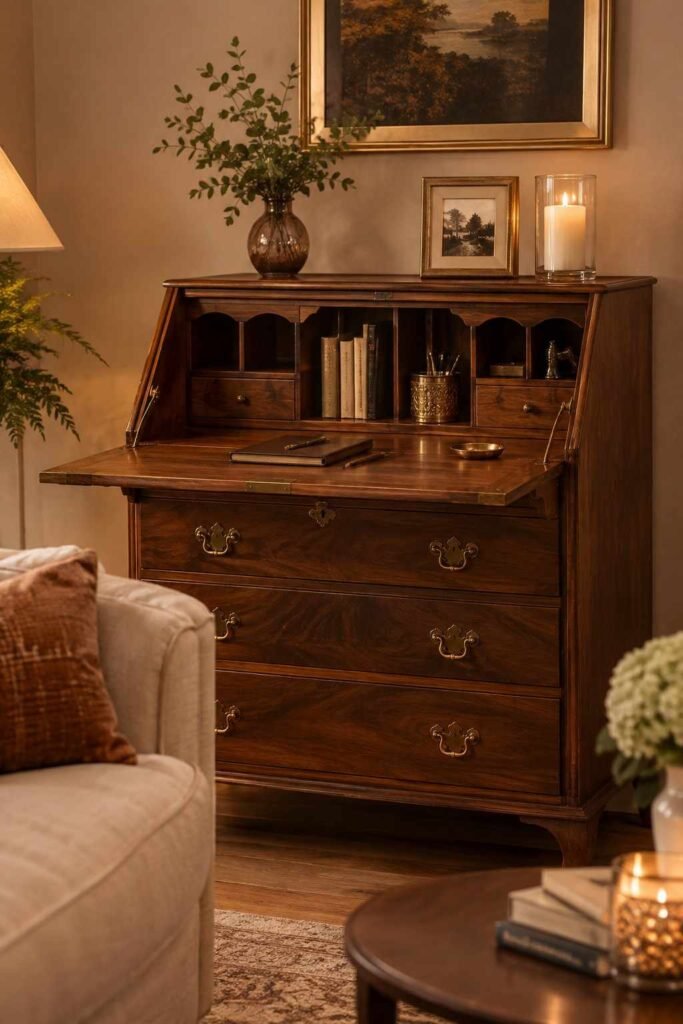 Warm walnut secretary desk open with writing surface compartments vase and candle in sophisticated living room