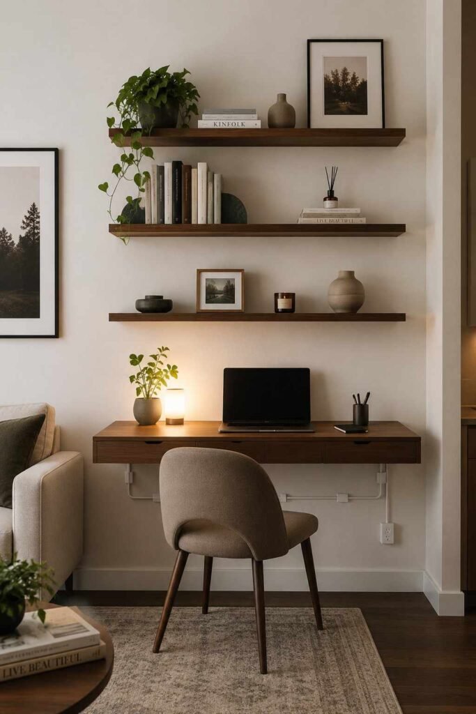 Walnut floating desk with matching shelves above holding books plants and decor on white wall in minimalist living room