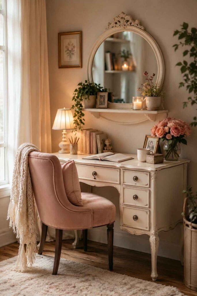 Antique white vanity table repurposed as desk with round mirror blush chair and candle in romantic living room corner