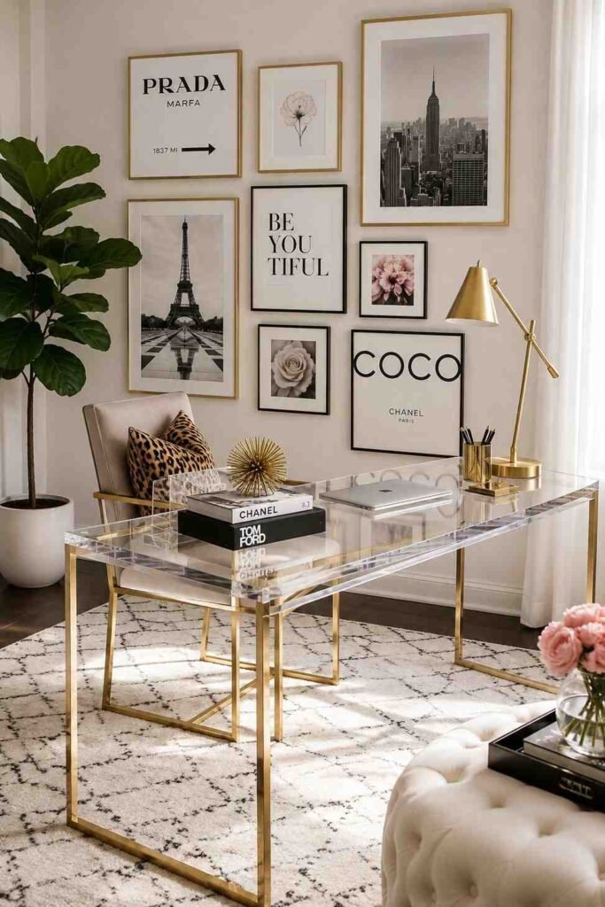 Clear lucite desk with gold frame legs and potted plant in front of gallery wall in modern airy living room