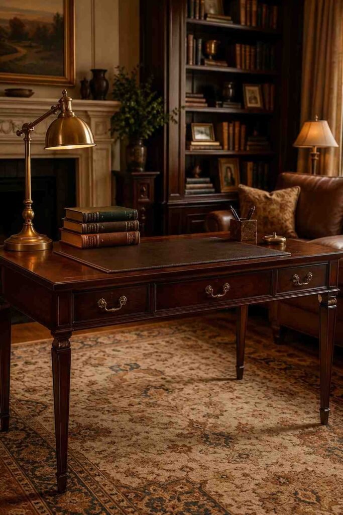 Dark mahogany vintage writing desk with brass lamp leather pad and books in warm library inspired living room