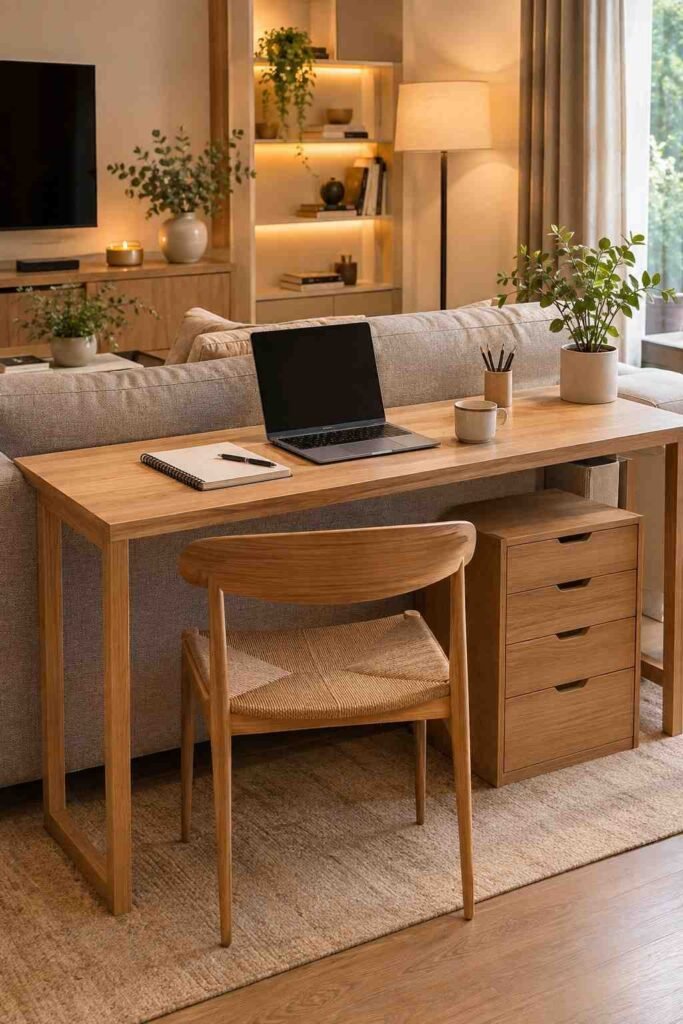 Slim oak console desk tucked behind grey sofa with laptop notebook and ceramic mug in modern living room