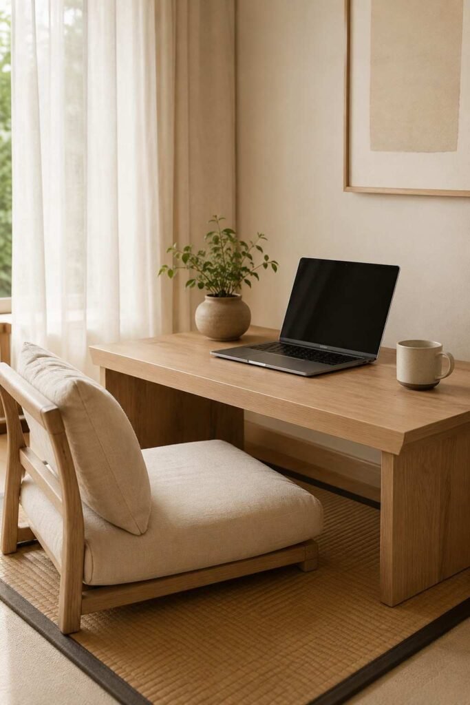 Natural oak Japandi desk with cream linen chair ceramic plant and tatami mat in serene minimal living room corner