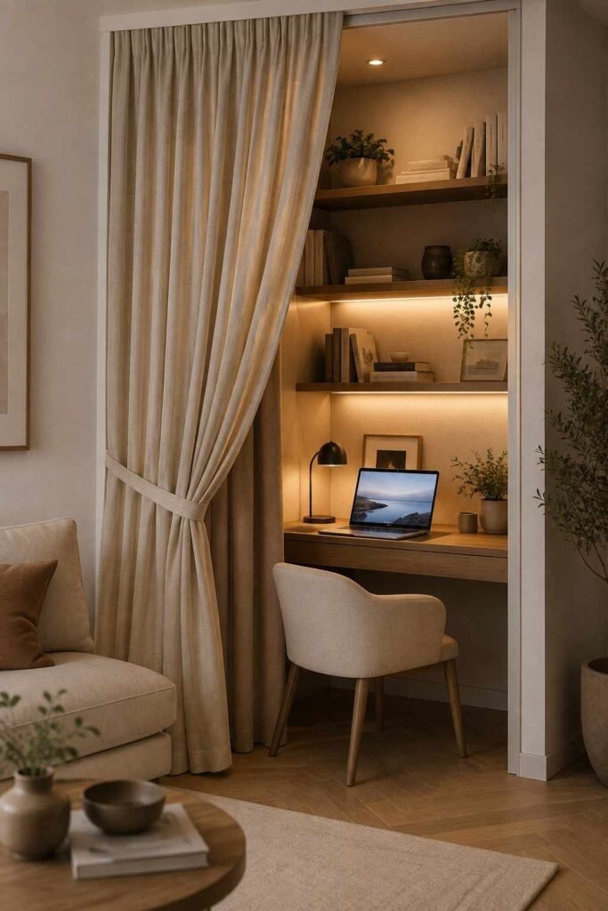 Linen curtain pulled open revealing hidden desk nook with shelves books and laptop inside cozy living room