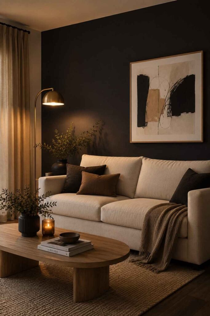  Deep charcoal grey dramatic accent wall in modern living room with cream sofa and brass floor lamp
