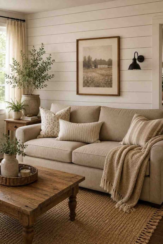  White horizontal shiplap wood plank accent wall in cozy farmhouse living room with linen sofa and jute rug

