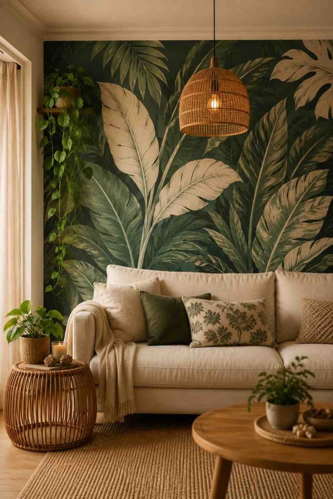 Bold emerald botanical wallpaper accent wall in stylish living room with cream sofa and rattan side table
