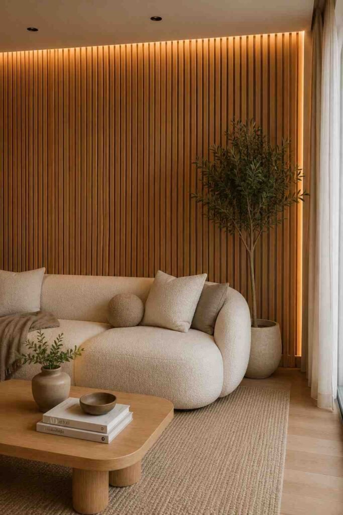  Natural oak vertical wood slat panel accent wall with LED backlighting cream boucle sofa in Scandinavian living room
