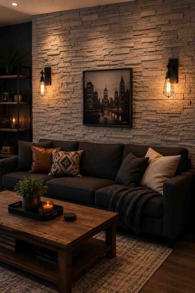  Light grey stone veneer textured accent wall with Edison sconces dark sofa and warm lighting in living room
