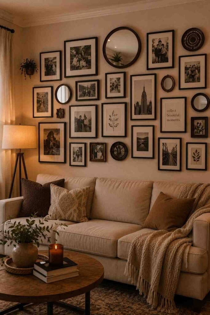  Curated gallery accent wall with black framed art prints family photos and decorative mirrors above cream sofa
