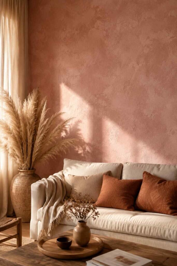 Dusty blush limewash paint textured accent wall with organic finish cream sofa and pampas grass in warm living room
