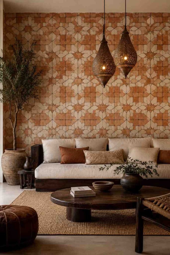  Moroccan zellige terracotta and ivory tile accent wall with charcoal grout and dark wood sofa in artistic living room
