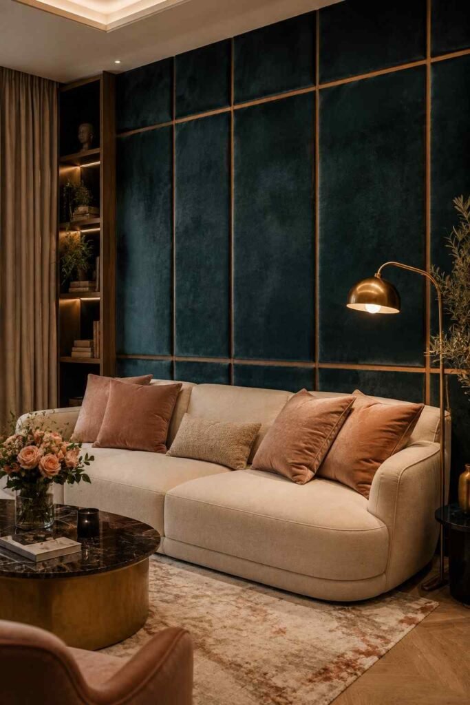 Deep teal velvet upholstered fabric accent wall with cream sofa blush cushions and gold lamp in luxurious living room

