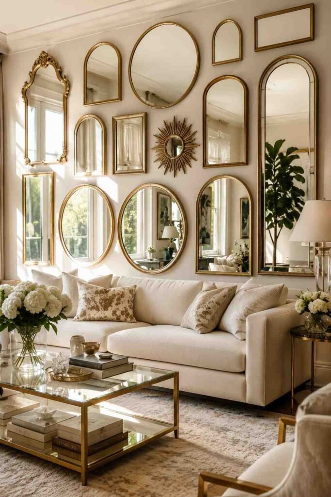 Gold and brass decorative mirrors in round arched and rectangular shapes on glamorous accent wall in bright living room
