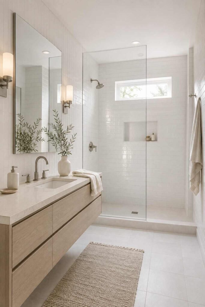 White bathroom featuring glossy subway tiles and textured matte flooring for subtle visual depth.