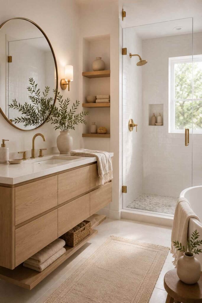 White bathroom with a warm oak vanity, brass faucet, woven basket, and neutral natural accents.