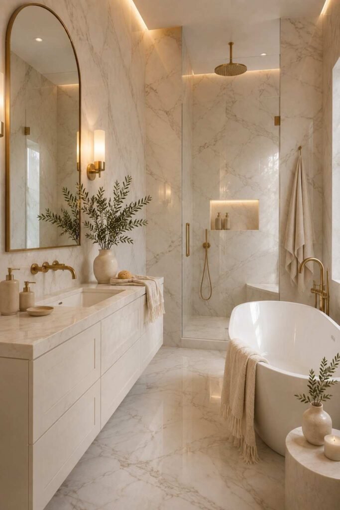 Luxury white marble bathroom with soft gray veining, freestanding tub, brass fixtures, and warm lighting.