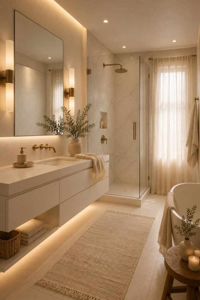 Calm white bathroom with layered warm lighting, brass sconces, ivory towels, and soft natural daylight.