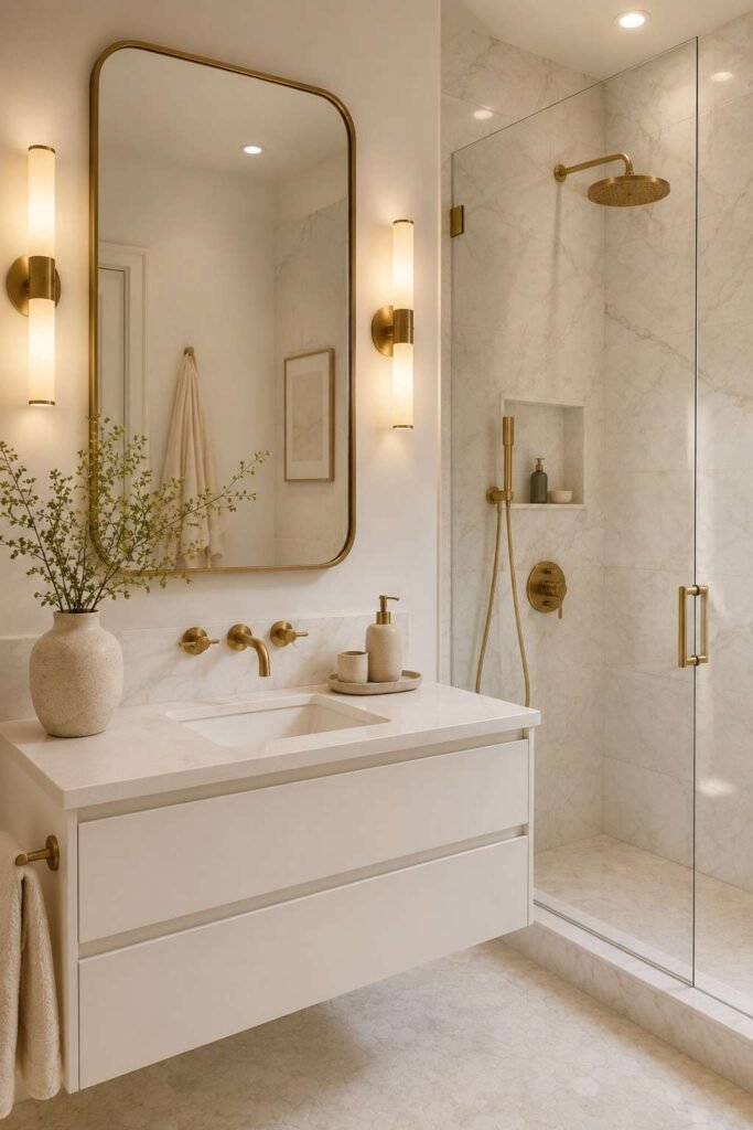 White bathroom with coordinated brushed brass fixtures, marble walls, warm sconces, and a rounded mirror.