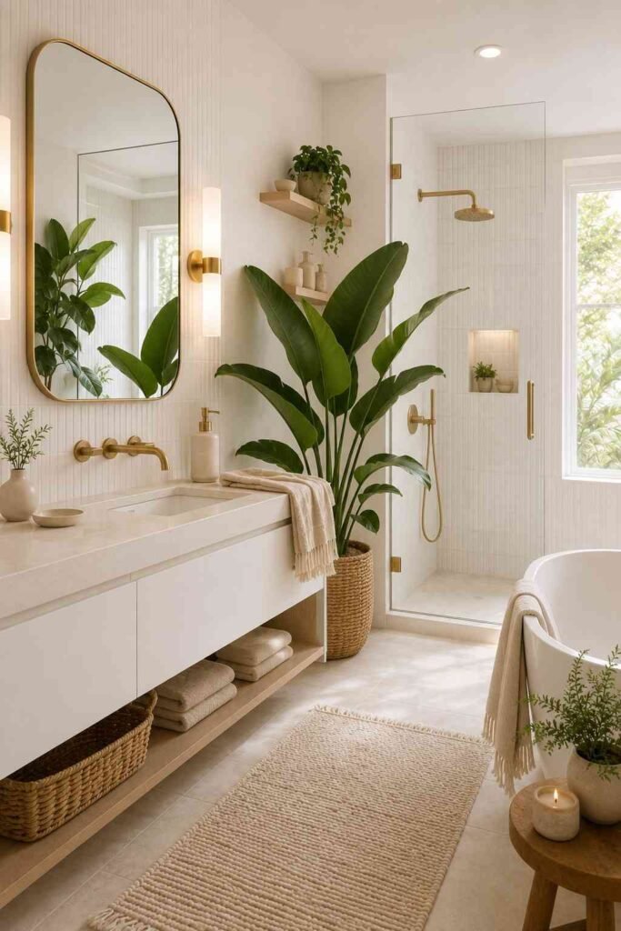 Fresh white bathroom decorated with leafy green plants, pale wood, woven accents, and natural light.