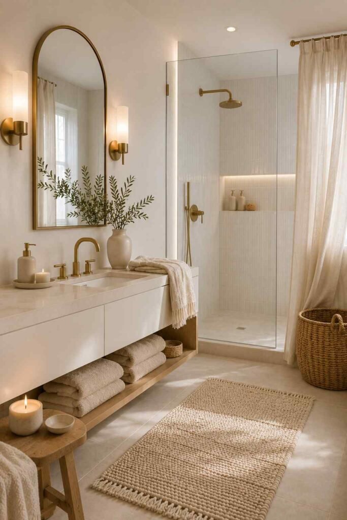 Cozy white bathroom layered with ivory towels, cream textiles, linen curtains, and woven natural accents.