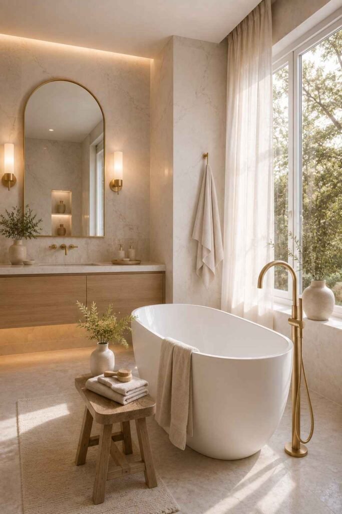 Elegant white bathroom with a freestanding bathtub, marble walls, brass faucet, and soft linen accents.