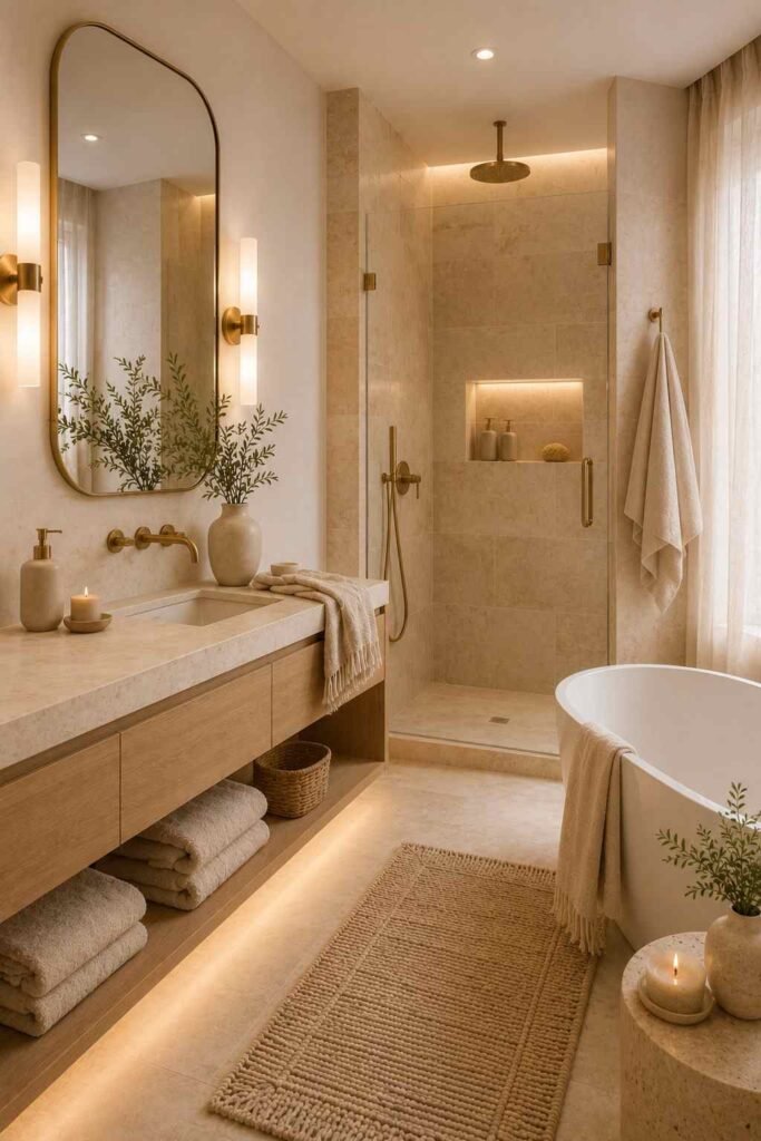 Elegant white bathroom with a freestanding bathtub, marble walls, brass faucet, and soft linen accents.