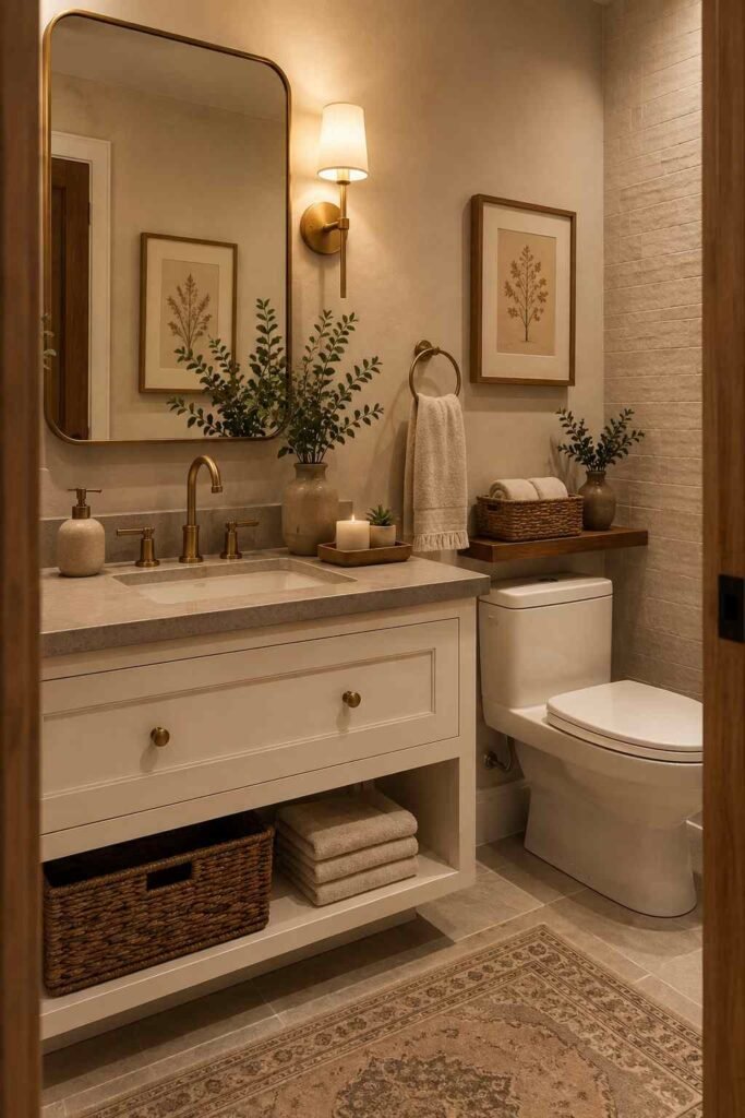 Warm neutral guest bathroom with beige walls, wood accents, brass fixtures, and soft textured decor
