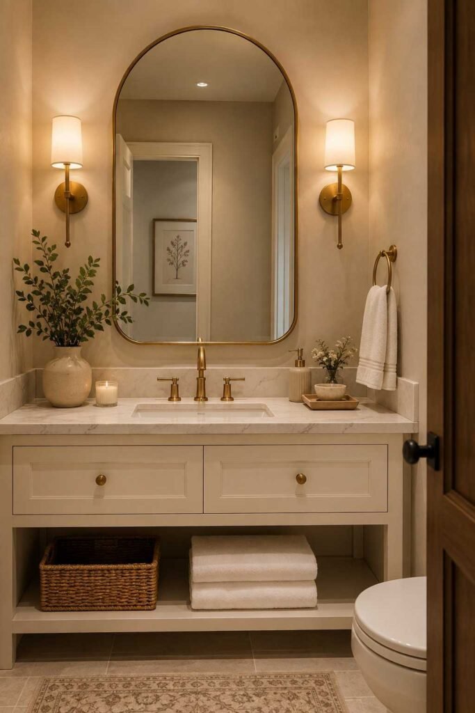 Guest bathroom with a statement arched mirror, brass sconces, cream vanity, and elegant modern decor
