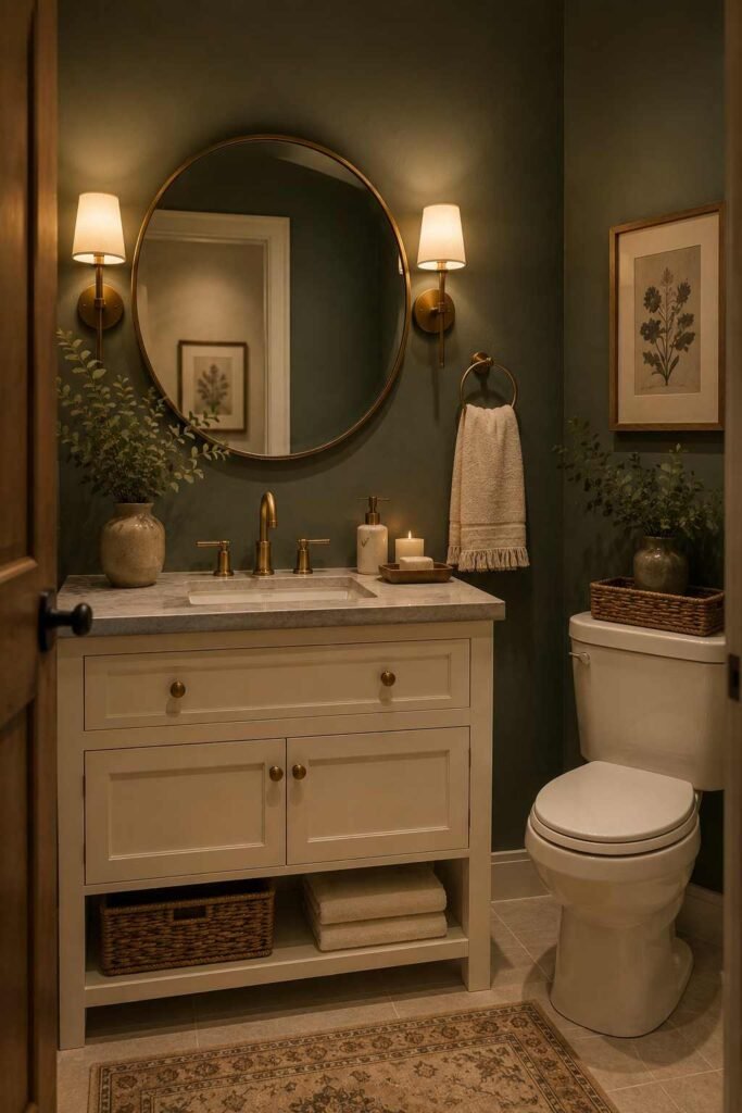 Moody guest bathroom with sage green walls, cream vanity, brass fixtures, and warm lighting
