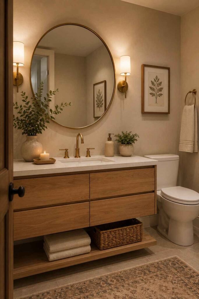 Stylish guest bathroom with floating wood vanity, stone countertop, brass faucet, and neutral decor

