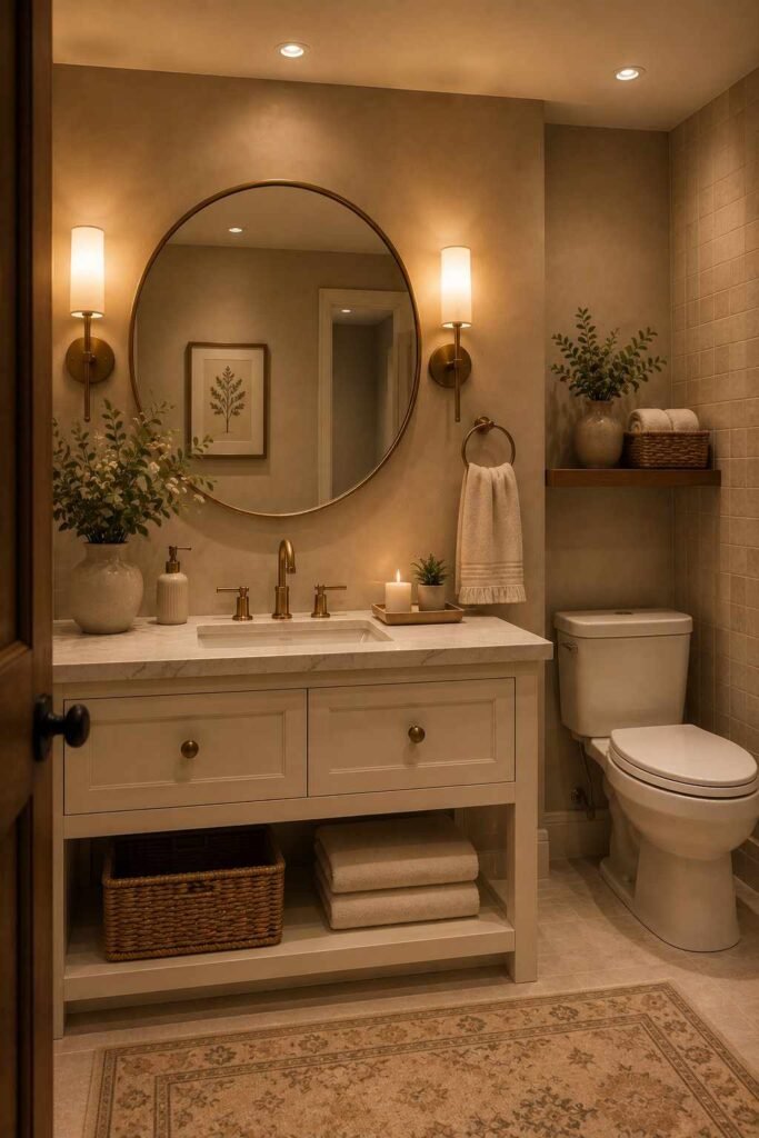 Guest bathroom with layered warm lighting, wall sconces, cream vanity, and elegant brass fixtures

